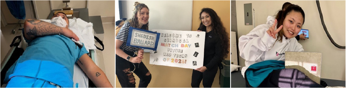 Collimator Collage showing man on exam table, two girls holding up welcome signs; and one girl making the peace sign